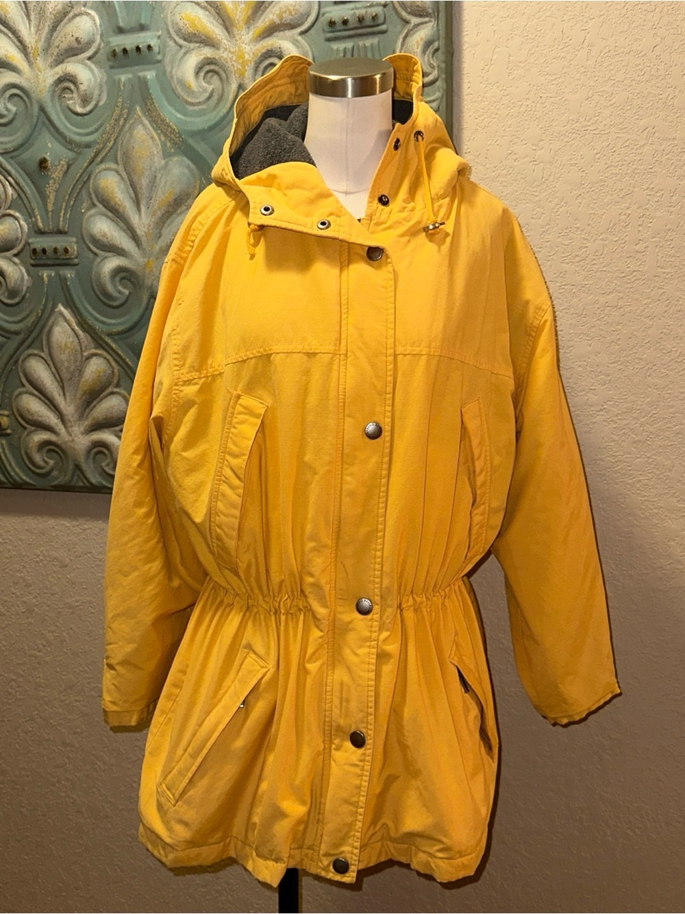 Vintage Eddie Bauer Womens L Yellow Polartec Fleece Lined Hooded Parka Jacket